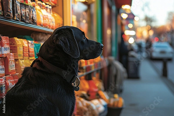 Fototapeta Service animal assists owner during shopping on a busy urban street