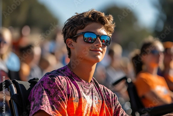 Fototapeta Student in wheelchair enjoys school sports event with classmates present