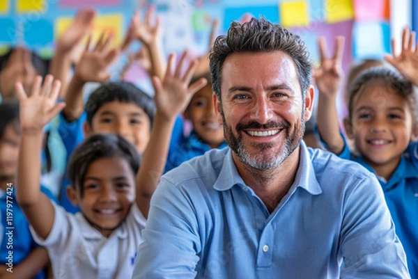 Fototapeta Teacher engages students in inclusive classroom using sign language techniques