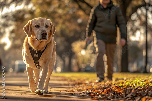 Fototapeta Visually impaired person navigates urban park with guide dog during sunset