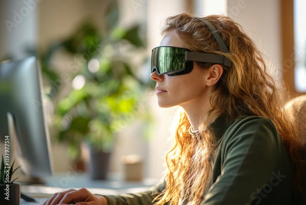 Fototapeta Visually impaired professional using assistive technology at a desk