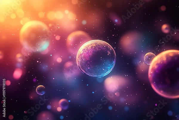 Fototapeta Iridescent bubble-like spheres create a vibrant atmosphere on a dark background