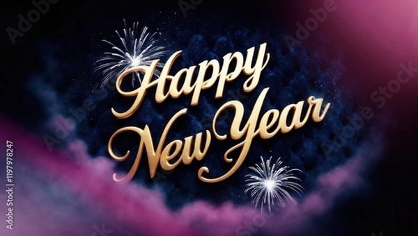 Fototapeta Golden "Happy New Year" text with sparkling fireworks and a festive background in vibrant shades of pink and dark blue.  
