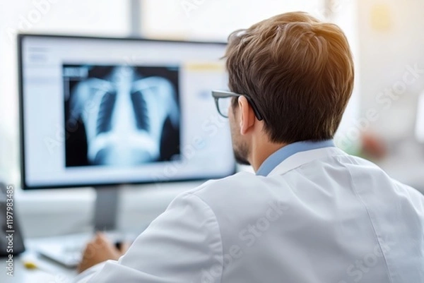 Fototapeta Doctor reviews chest X-rays for flu symptoms at a modern hospital desk