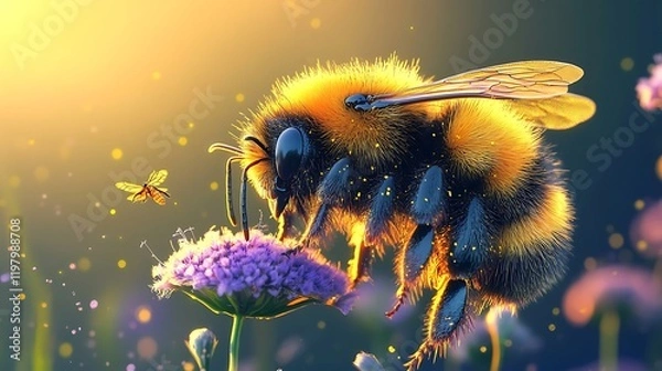 Obraz A bumblebee covered in fuzzy yellow and black stripes collecting nectar from a flower 
