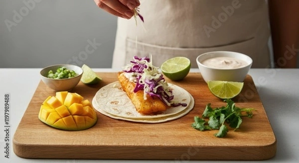 Fototapeta Person preparing fish taco with vegetables and sauces on wooden board