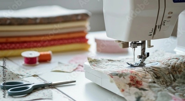 Fototapeta Sewing machine stitching fabric with folded textiles and scissors nearby