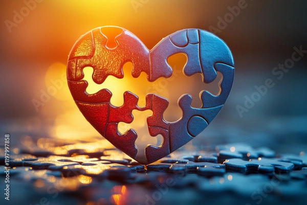 Fototapeta Minimalist heart puzzle pieces coming together, isolated on a soft gradient background. Bright lighting, contrast with copy space for text