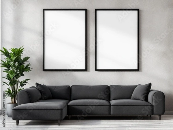 Fototapeta Mockup : A sleek, dark gray sectional sofa in a minimalist living room, with two blank framed posters and a tall green plant beside it.