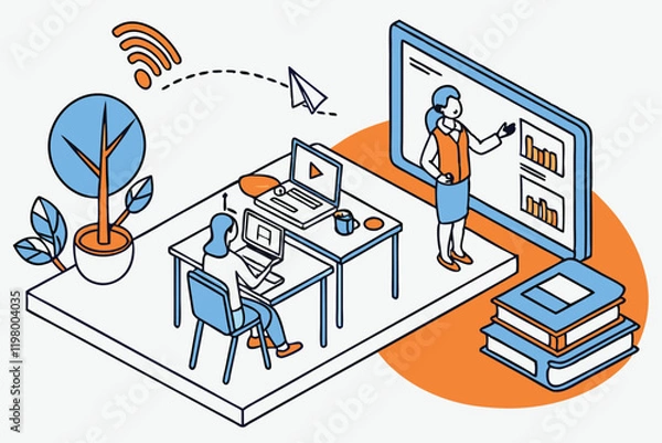 Fototapeta Online education, virtual classroom, students at desks, teacher on computer screen, digital learning, remote instruction, social distancing, e-learning environment, blue and orange color scheme, minim