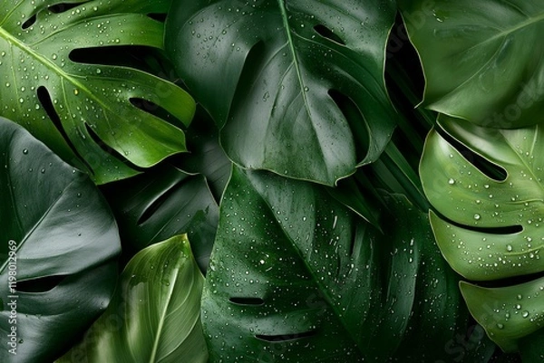 Fototapeta A realistic close-up of tropical leaves with water droplets glistening under soft sunlight, perfect for nature-inspired wallpaper