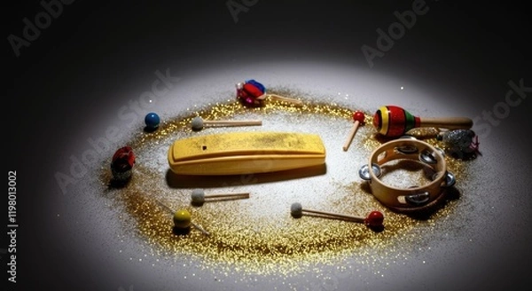 Fototapeta Various children's musical toys on glittery surface