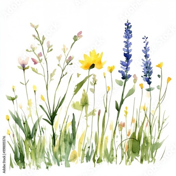 Fototapeta Painting of a field of flowers with a yellow sunflower in the middle