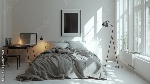 Fototapeta A minimalistic bedroom featuring a large bed, soft linens, and ample natural light streaming through large windows, creating a serene atmosphere.