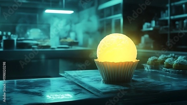 Fototapeta A glowing cupcake shaped like a luminous orb in a futuristic bakery 