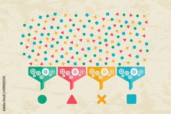 Obraz Big data and data science concept. Large data flow through filter with gear to separate, analyize and classify data information into specific database type.