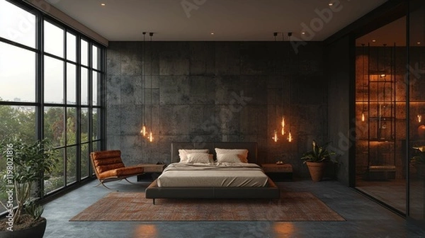 Obraz A sleek industrial bedroom featuring raw materials and large windows, showcasing a stylish and spacious interior.
