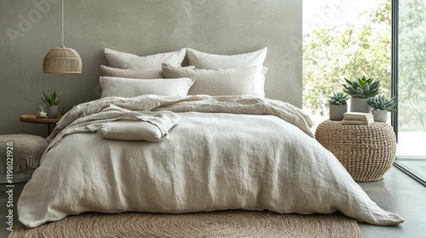 Fototapeta A serene bedroom featuring a soft bed with white linen bedding, a woven rug, and potted plants, emphasizing a calming, cozy atmosphere.