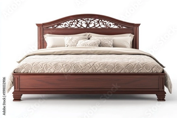 Fototapeta A wooden bed with a white comforter and pillows. The bed is large and has a headboard