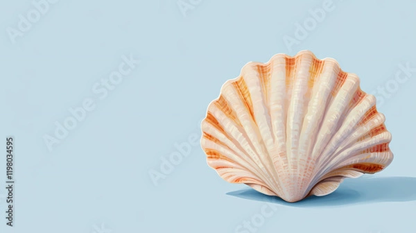 Fototapeta Single seashell on a light blue background with copy space. Seashell. Illustration