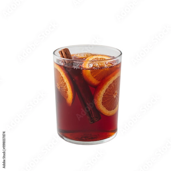 Fototapeta Glass of mulled wine with orange slices and cinnamon sticks on gray