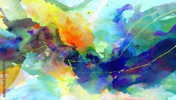 Fototapeta Vibrant Swirls of Water and Color An Impressionistic Abstract Watercolor Exploring the Depths of a Whimsical Landscape.