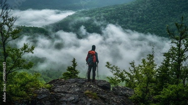 Fototapeta Hiker standing on mountain peak under cloudy sky
