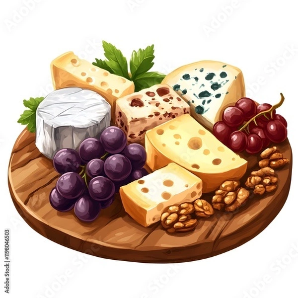 Fototapeta Cheese and grape platter with nuts and herbs arranged on a wooden board for a gathering