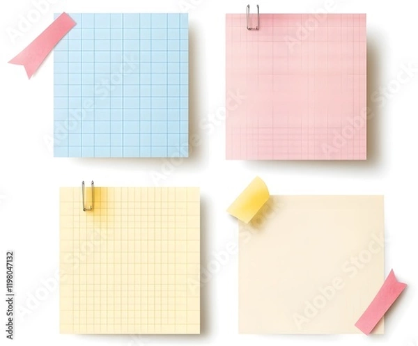 Fototapeta Four Pastel Colored Gridded Note Papers Displayed