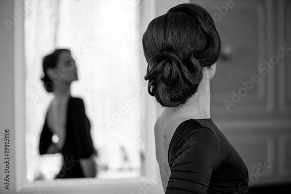 Obraz Miss elegance concept. Back of beautiful gracious woman looking at the mirror in a luxury hotel