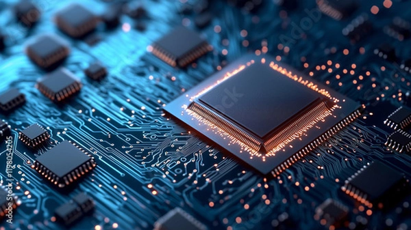 Fototapeta Abstract circuit board futuristic technology processing background digital computer CPU binary microchip processor futuristic computing science hardware in laptop motherboard integration
