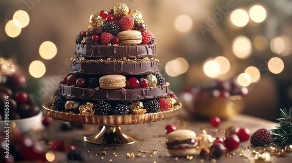Obraz Extravagant Chocolate Tower with Gold Flakes, Berries, Macarons, and Festive Fairy Lights
