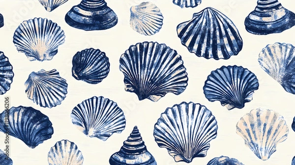 Fototapeta Azure blue white shell motif with linen seamless batik background, modern coastal beach cottage rustic shell block print home decor pattern design in sealife beach style. Seashell. Illustration