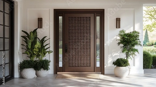 Fototapeta A front door with a woven metal texture in a matte bronze finish 