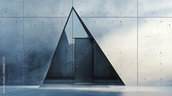 Fototapeta A front door with a triangular glass panel set into a matte black frame 