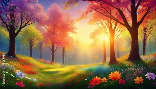 Fototapeta Serene Springtime Forest Scene A Vibrant Canvas of Flowering Trees Under a Blushing Sunset Sky, Capturing the Essence of Natures Renewal and Beauty.