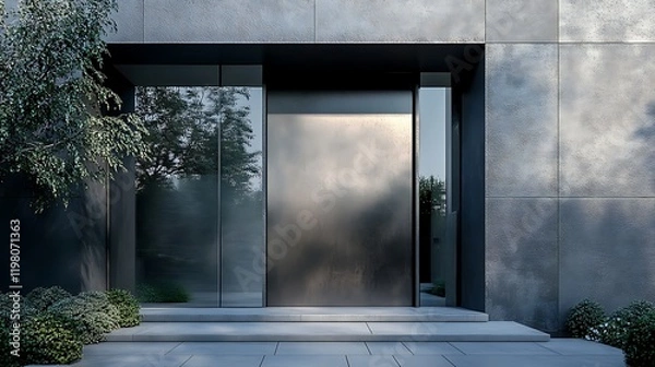 Fototapeta A front door with a rectangular cutout framed in polished aluminum 