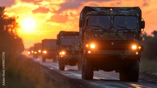 Obraz Convoy of military trucks in camo colors driving at sunset with illuminated lights, emphasizing the scale of operation