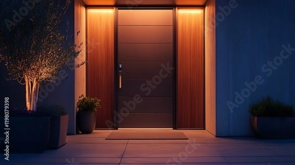 Fototapeta A front door with a recessed handle that glows with LED lighting 