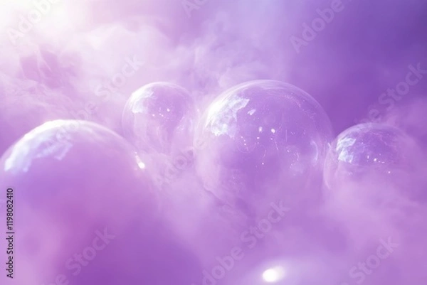 Fototapeta Ethereal bubbles floating in a purple mist create a dreamy atmosphere in a whimsical setting