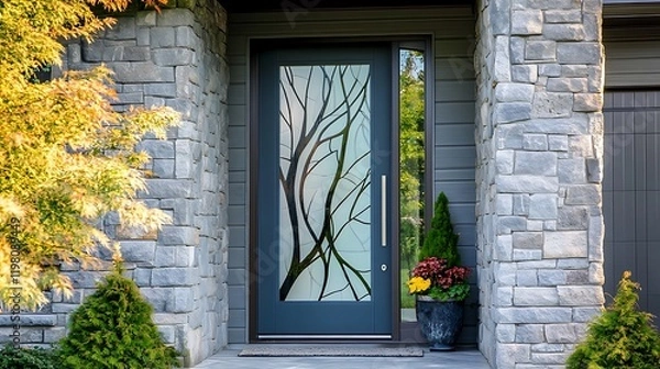 Fototapeta A front door with a frosted glass panel featuring an abstract tree design 