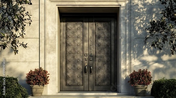 Fototapeta A front door with a brushed steel surface and embossed linear patterns 