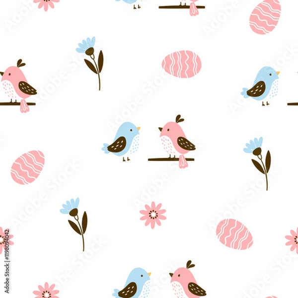 Obraz Easter pattern with different characters and other elements. Easter bunny, chicks, eggs and flowers, sheep, basket with eggs. Vector illustration.