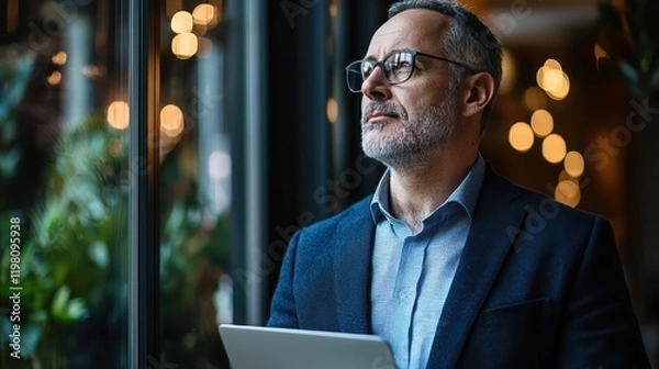 Fototapeta Middle-aged businessman looking out the window while holding a laptop, reflecting a thoughtful and strategic approach to his work