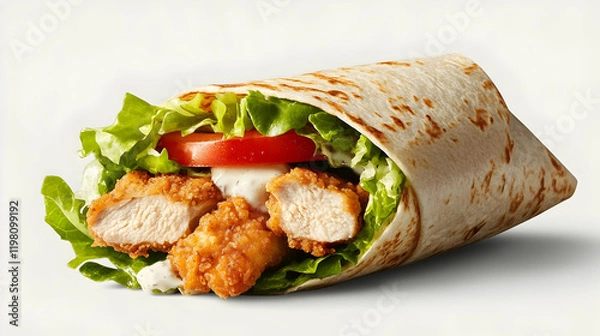 Fototapeta Fresh chicken wrap with crisp lettuce, tomato, and creamy ranch dressing