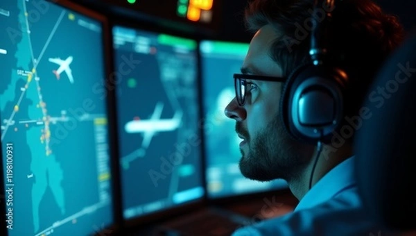 Fototapeta Cropped view of air traffic controller concentrates deeply, studying the radar interface while managing numerous flights, ensuring safety and communication for aircraft