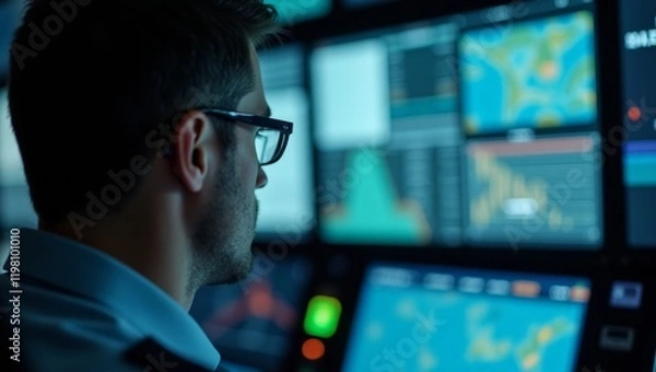 Fototapeta Cropped view of operator focuses intently on multiple screens showing air traffic data, monitoring flights in a busy control room environment at night, ensuring safety and coordination for aircraft