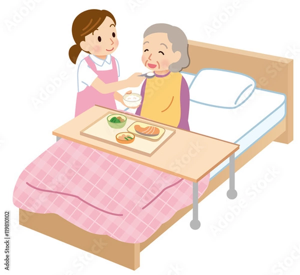 Obraz 介護　食事　シニアとヘルパー
