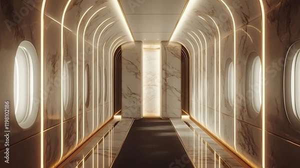 Fototapeta A first-class airplane cabin with cascading light panels and marble finishes 