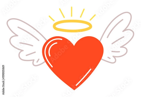 Fototapeta Heart with wings and nimbus symbol of affection, relationship, romantic. Hand drawn, line illustration for prints, valentine's day cards. Isolated vector illustration. Edillustration. Editable stroke.